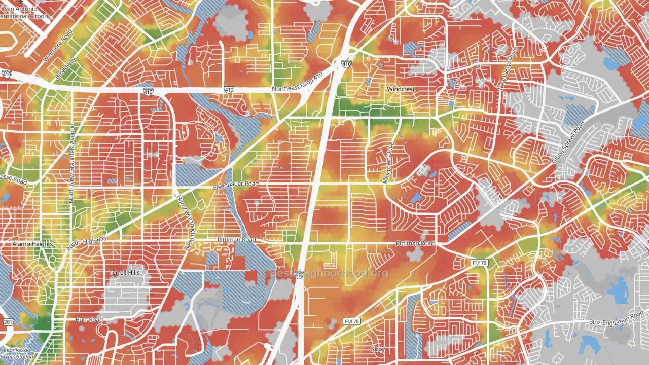 Walk Grade map of 78218, TX, walkable areas in green and car-dependent areas in red