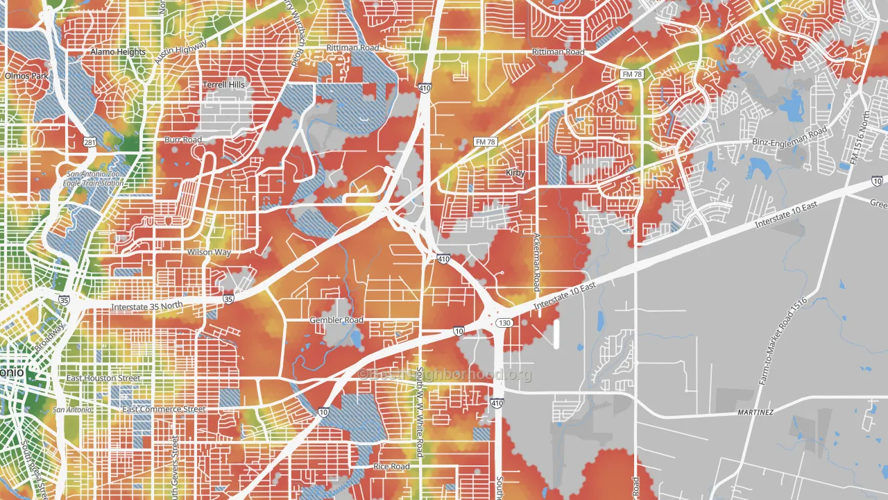 Walk Grade map of 78219, TX, walkable areas in green and car-dependent areas in red