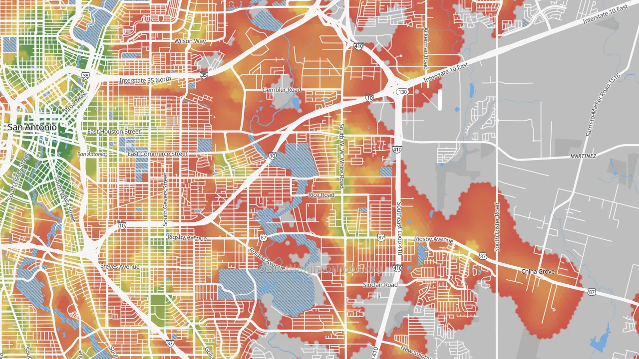 Walk Grade map of 78220, TX, walkable areas in green and car-dependent areas in red