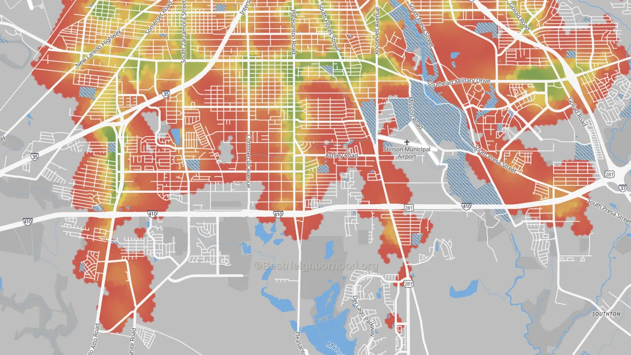 Walk Grade map of 78221, TX, walkable areas in green and car-dependent areas in red