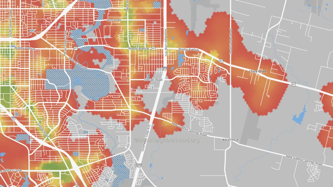 Walk Grade map of 78222, TX, walkable areas in green and car-dependent areas in red