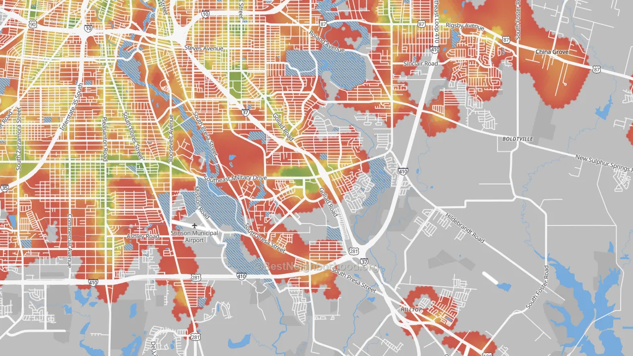 Walk Grade map of 78223, TX, walkable areas in green and car-dependent areas in red