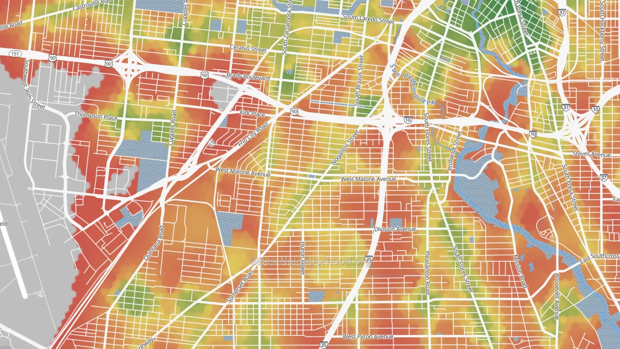 Walk Grade map of 78225, TX, walkable areas in green and car-dependent areas in red
