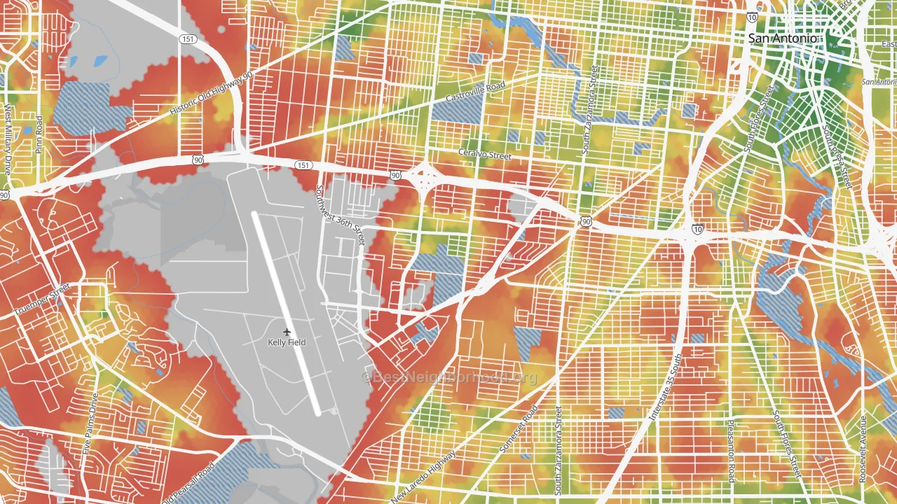Walk Grade map of 78226, TX, walkable areas in green and car-dependent areas in red