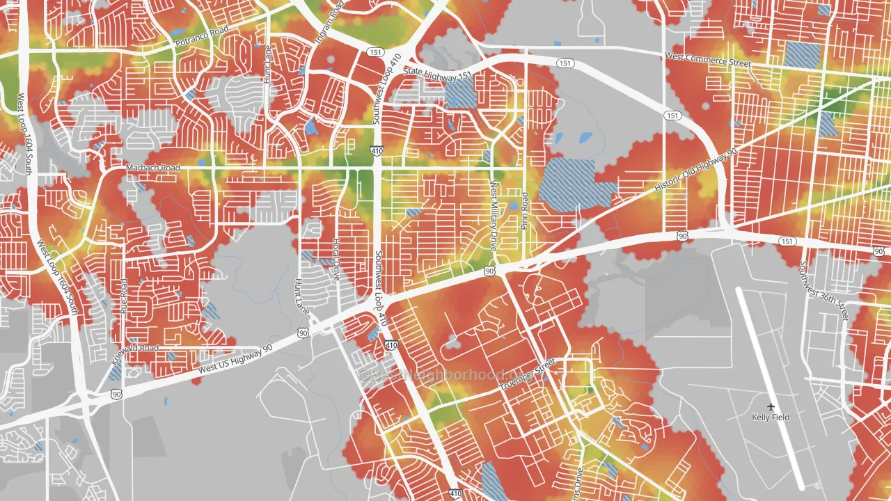 Walk Grade map of 78227, TX, walkable areas in green and car-dependent areas in red
