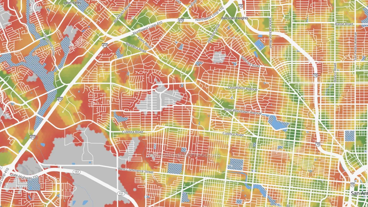 Walk Grade map of 78228, TX, walkable areas in green and car-dependent areas in red