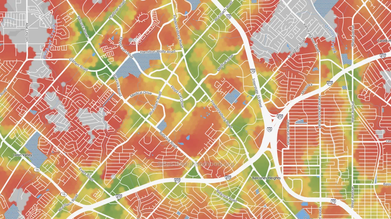 Walk Grade map of 78229, TX, walkable areas in green and car-dependent areas in red