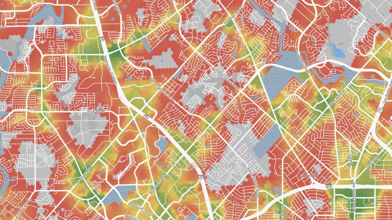 Walk Grade map of 78230, TX, walkable areas in green and car-dependent areas in red