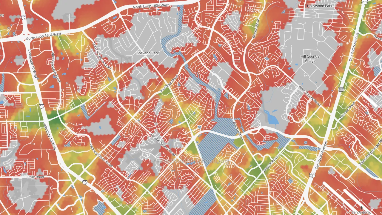 Walk Grade map of 78231, TX, walkable areas in green and car-dependent areas in red