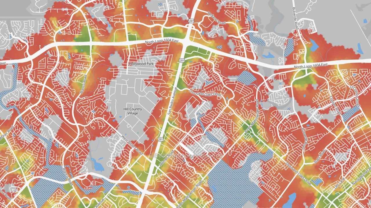 Walk Grade map of 78232, TX, walkable areas in green and car-dependent areas in red