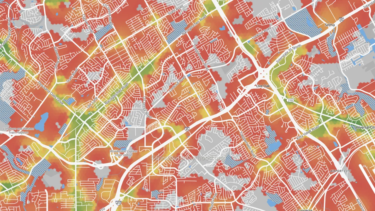 Walk Grade map of 78233, TX, walkable areas in green and car-dependent areas in red