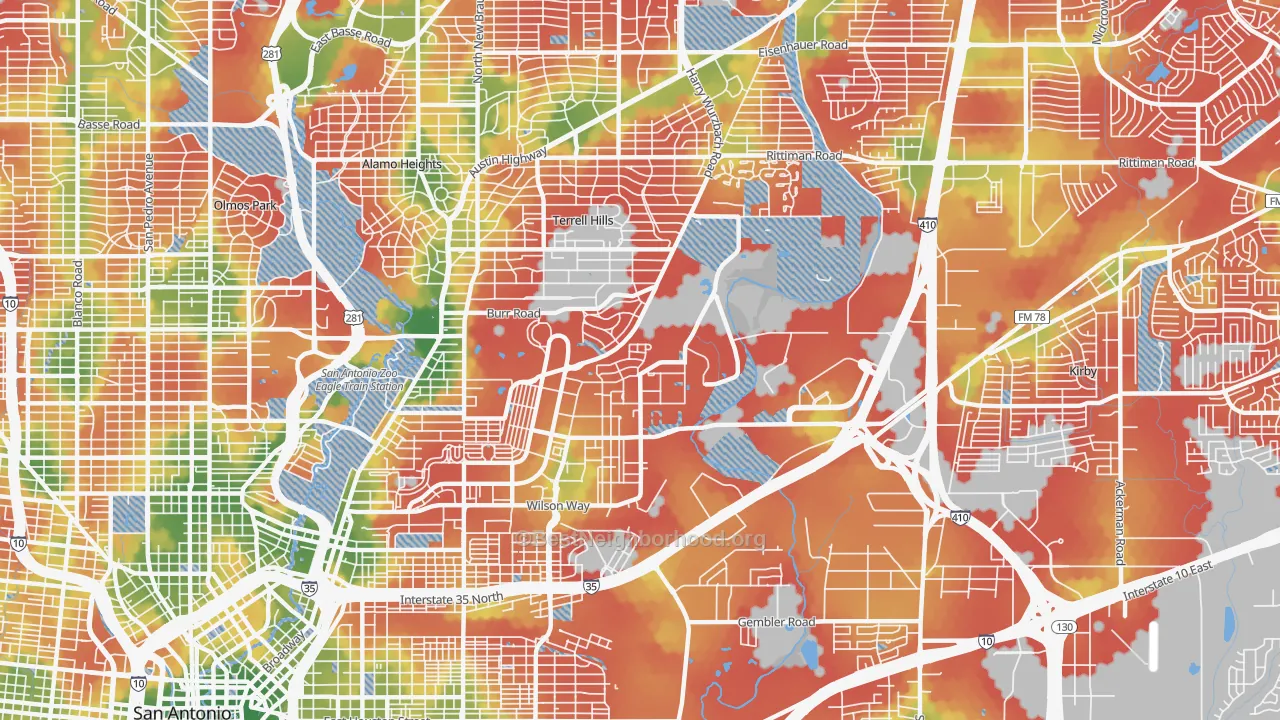 Walk Grade map of 78234, TX, walkable areas in green and car-dependent areas in red