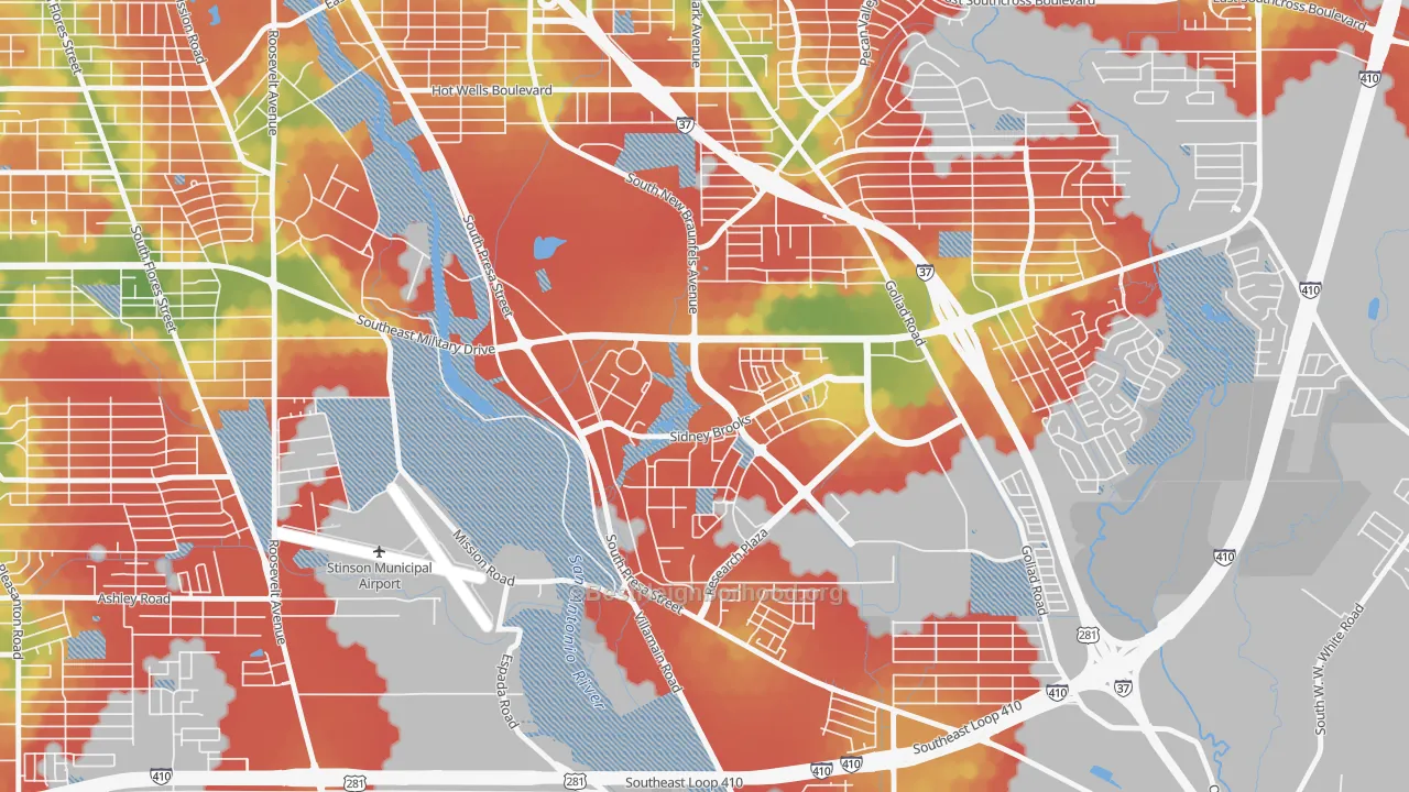 Walk Grade map of 78235, TX, walkable areas in green and car-dependent areas in red
