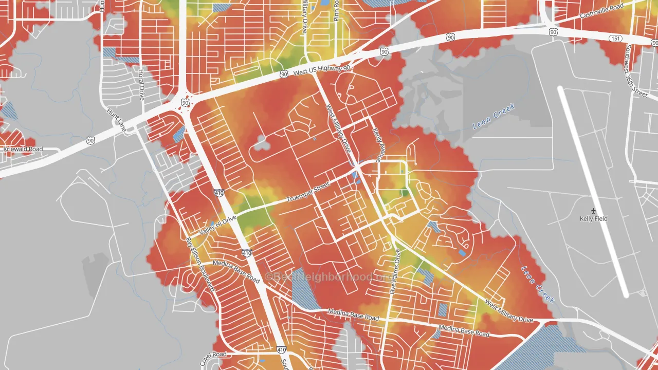 Walk Grade map of 78236, TX, walkable areas in green and car-dependent areas in red