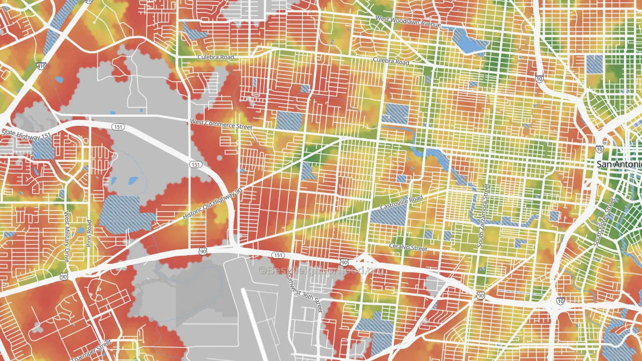 Walk Grade map of 78237, TX, walkable areas in green and car-dependent areas in red