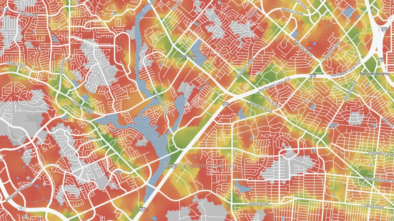 Walk Grade map of 78238, TX, walkable areas in green and car-dependent areas in red