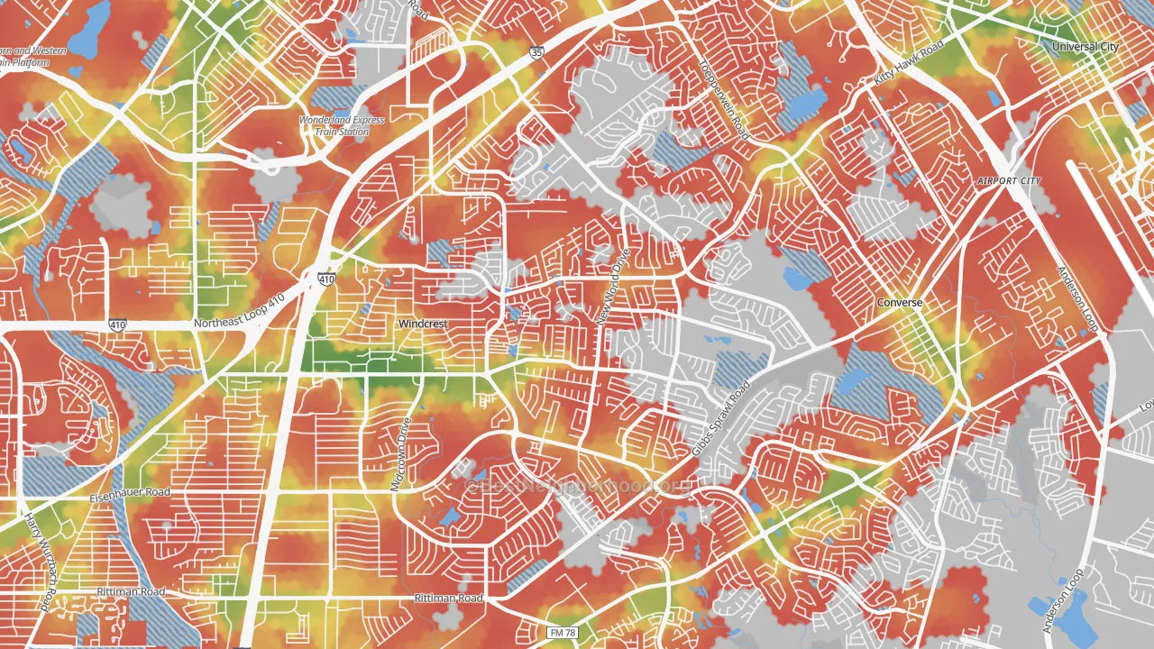 Walk Grade map of 78239, TX, walkable areas in green and car-dependent areas in red