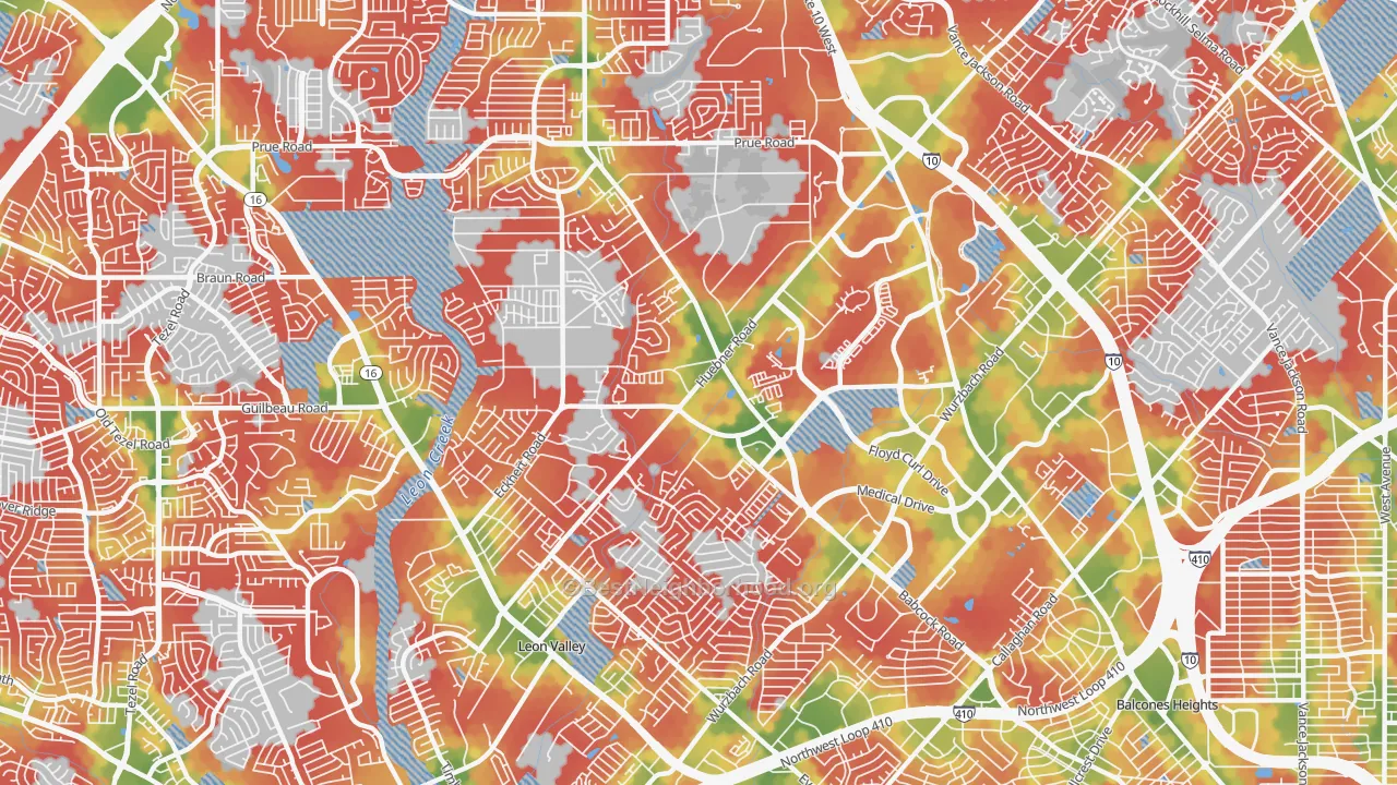 Walk Grade map of 78240, TX, walkable areas in green and car-dependent areas in red