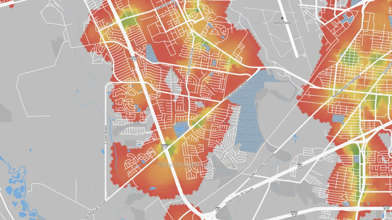 Walk Grade map of 78242, TX, walkable areas in green and car-dependent areas in red