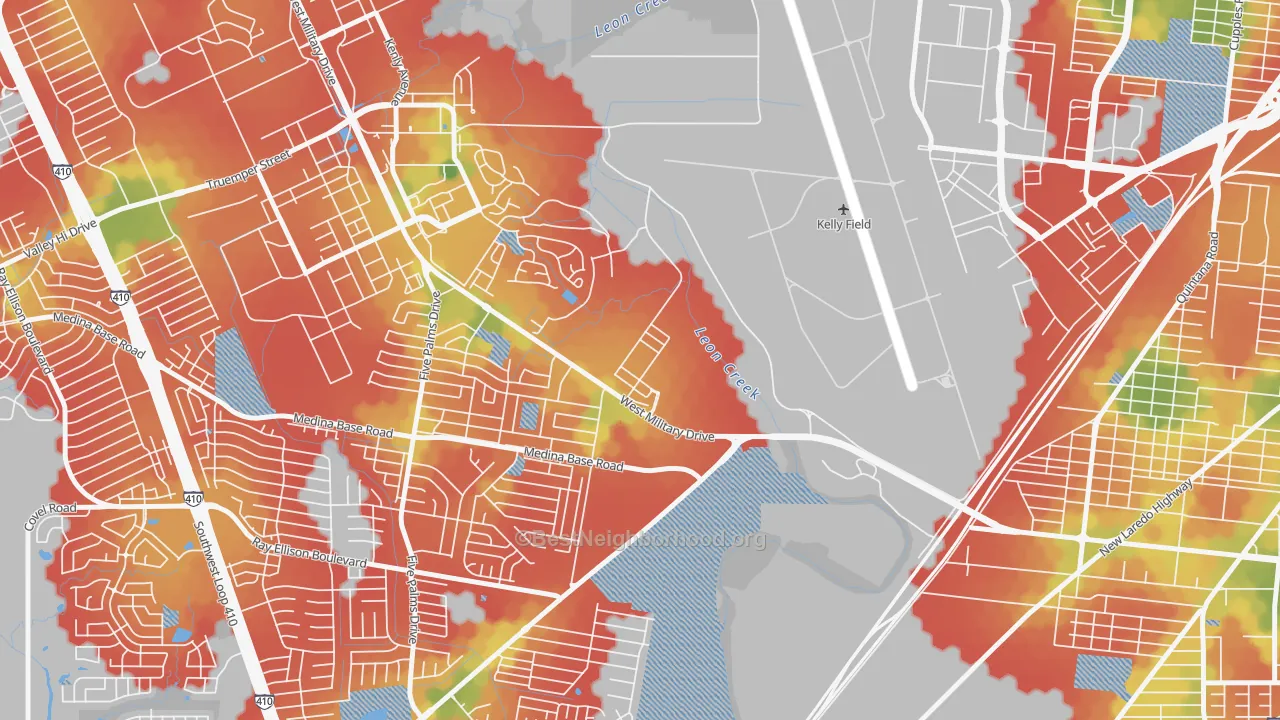 Walk Grade map of 78243, TX, walkable areas in green and car-dependent areas in red