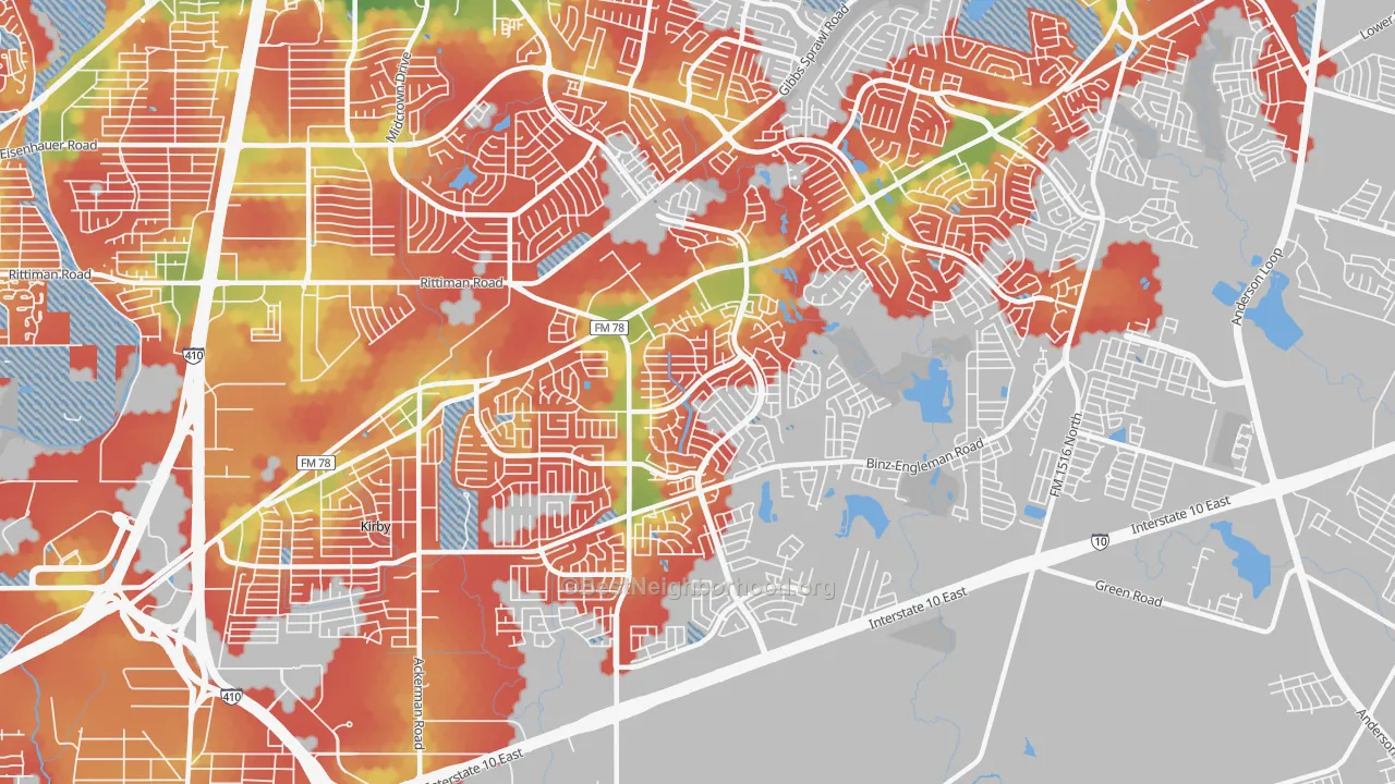 Walk Grade map of 78244, TX, walkable areas in green and car-dependent areas in red