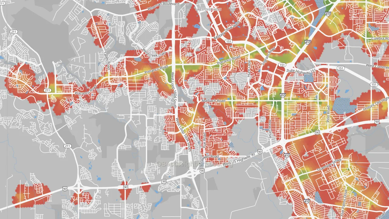 Walk Grade map of 78245, TX, walkable areas in green and car-dependent areas in red