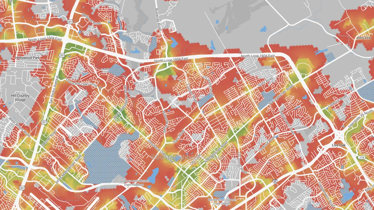 Walk Grade map of 78247, TX, walkable areas in green and car-dependent areas in red