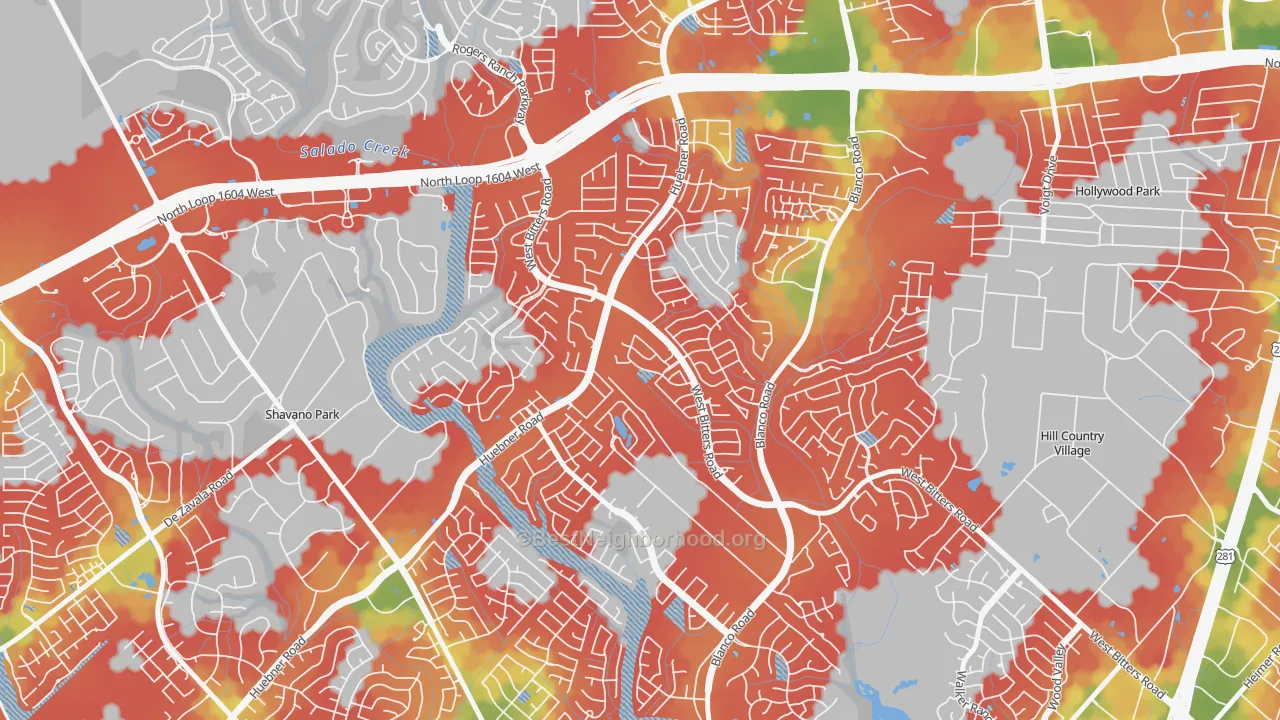 Walk Grade map of 78248, TX, walkable areas in green and car-dependent areas in red
