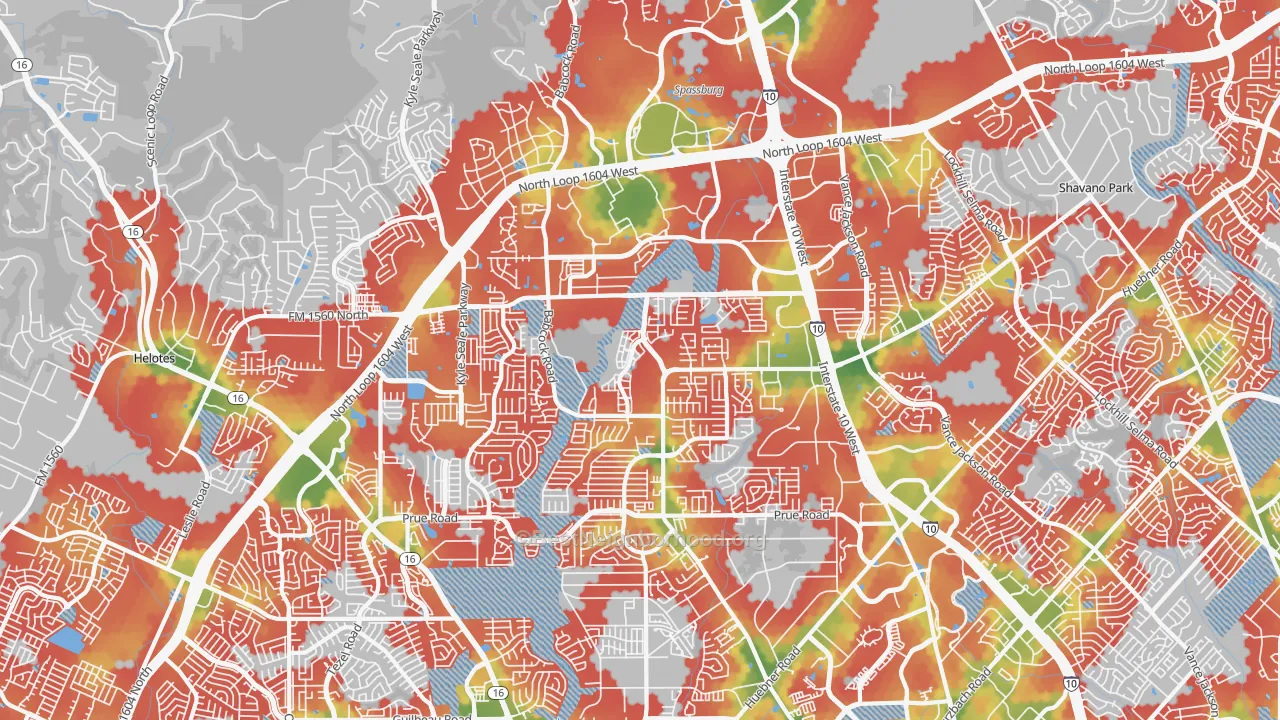 Walk Grade map of 78249, TX, walkable areas in green and car-dependent areas in red