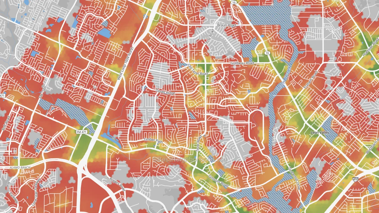 Walk Grade map of 78250, TX, walkable areas in green and car-dependent areas in red