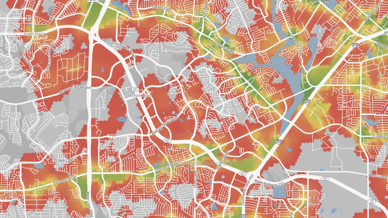 Walk Grade map of 78251, TX, walkable areas in green and car-dependent areas in red
