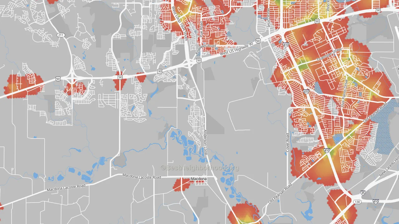Walk Grade map of 78252, TX, walkable areas in green and car-dependent areas in red