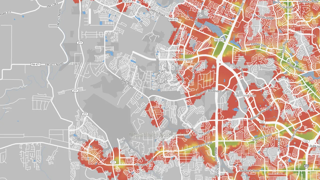 Walk Grade map of 78253, TX, walkable areas in green and car-dependent areas in red