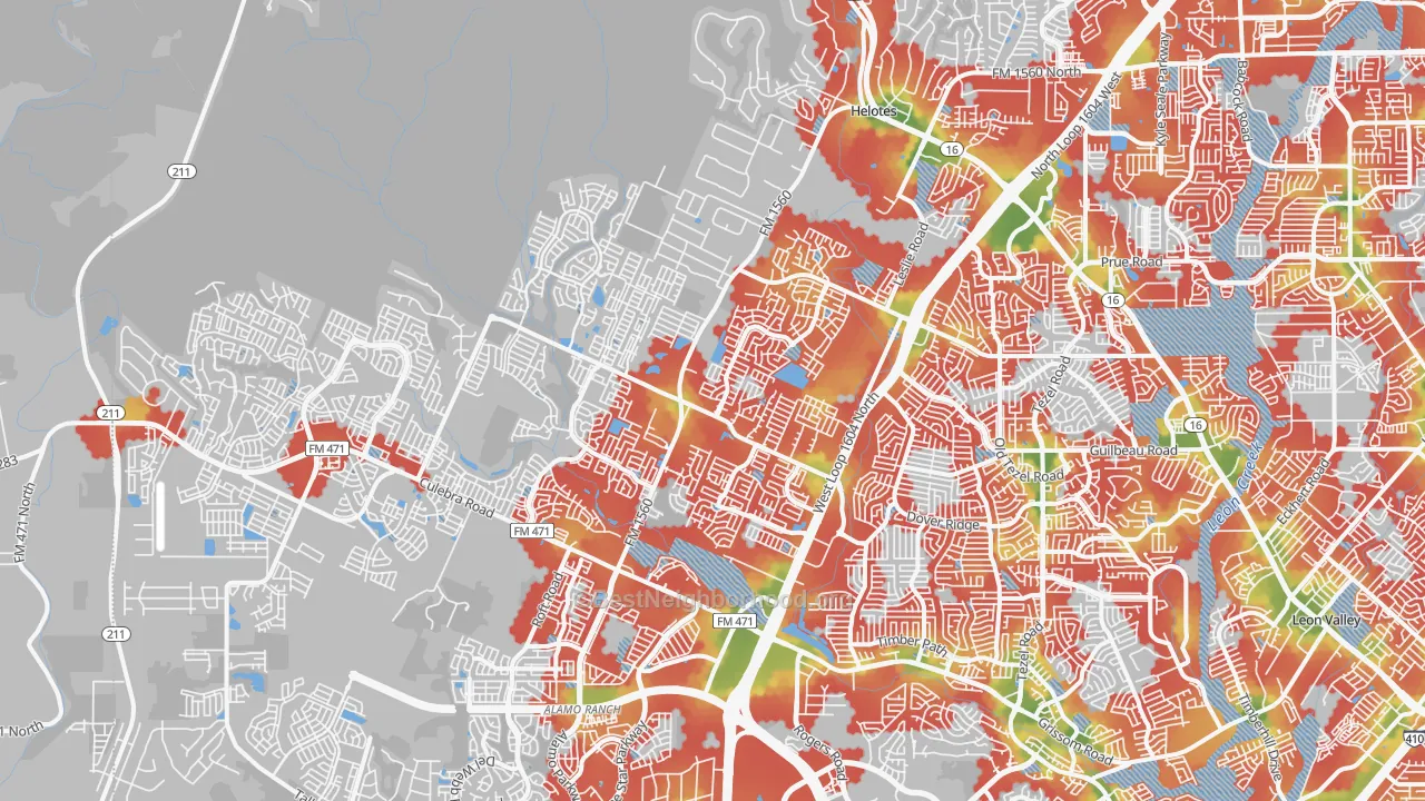 Walk Grade map of 78254, TX, walkable areas in green and car-dependent areas in red