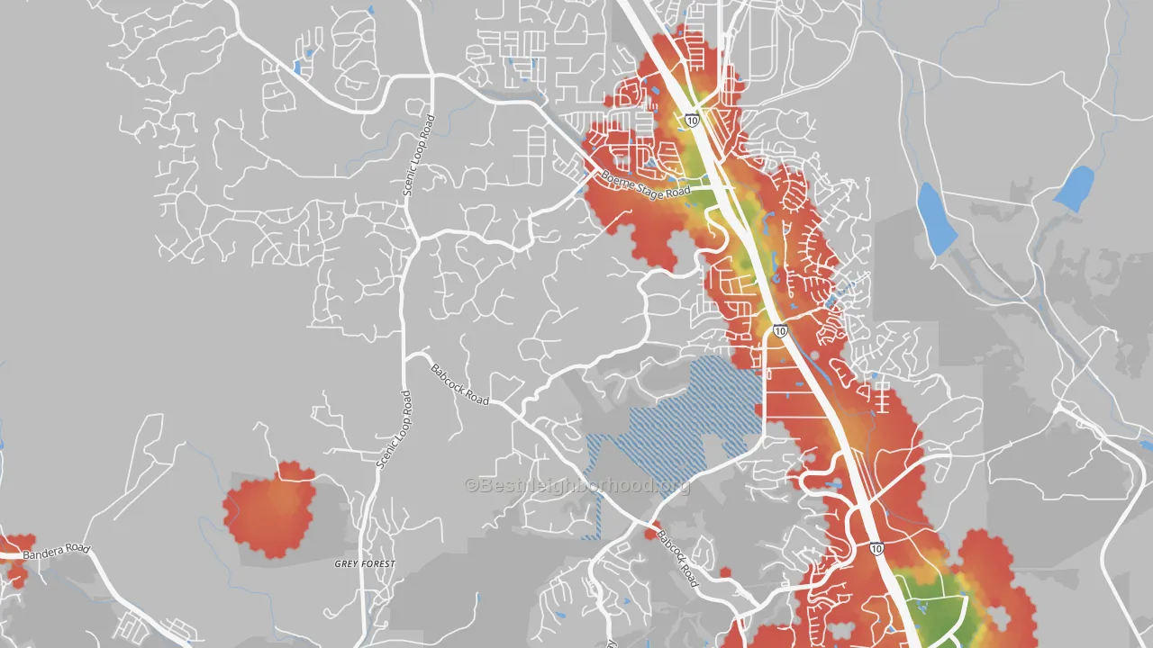 Walk Grade map of 78255, TX, walkable areas in green and car-dependent areas in red