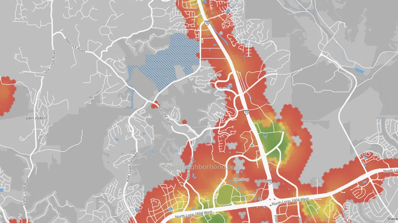 Walk Grade map of 78256, TX, walkable areas in green and car-dependent areas in red
