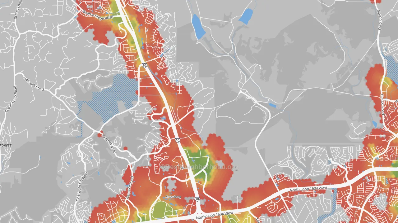 Walk Grade map of 78257, TX, walkable areas in green and car-dependent areas in red