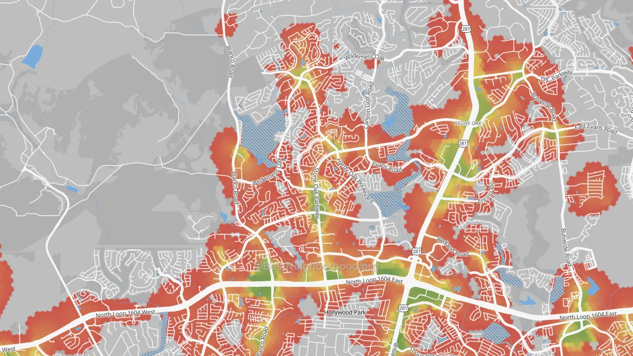 Walk Grade map of 78258, TX, walkable areas in green and car-dependent areas in red