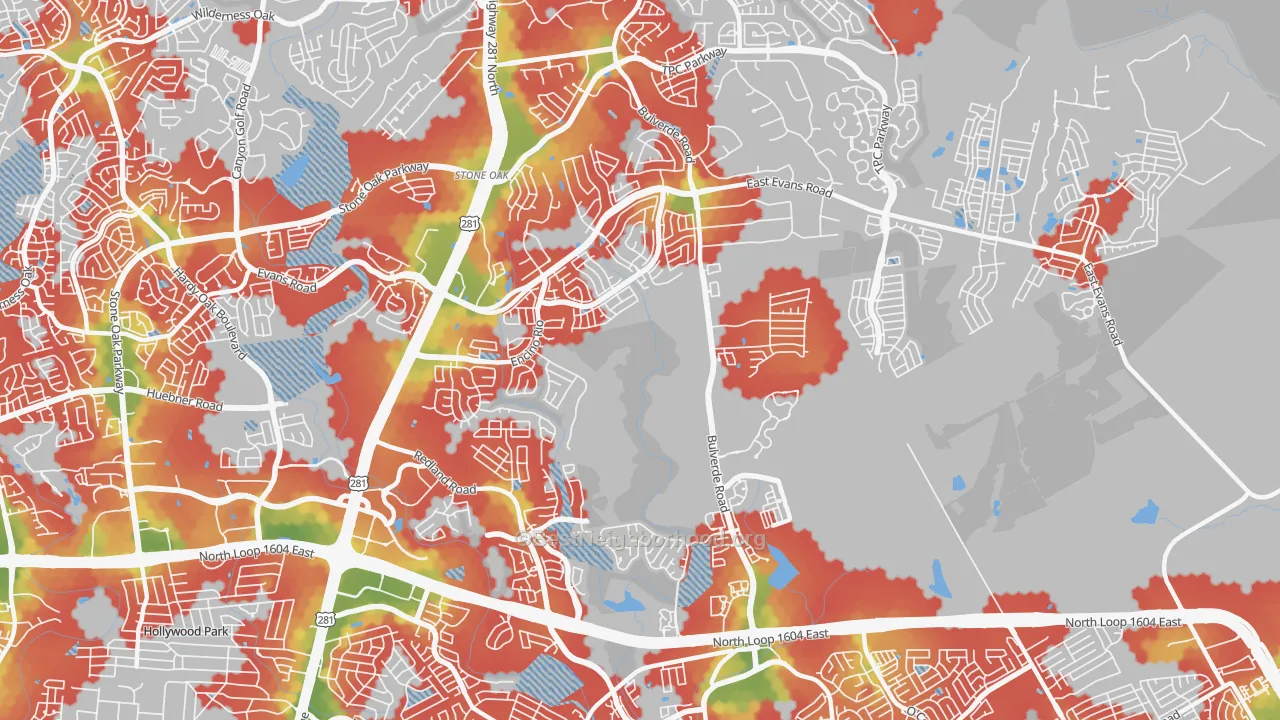 Walk Grade map of 78259, TX, walkable areas in green and car-dependent areas in red