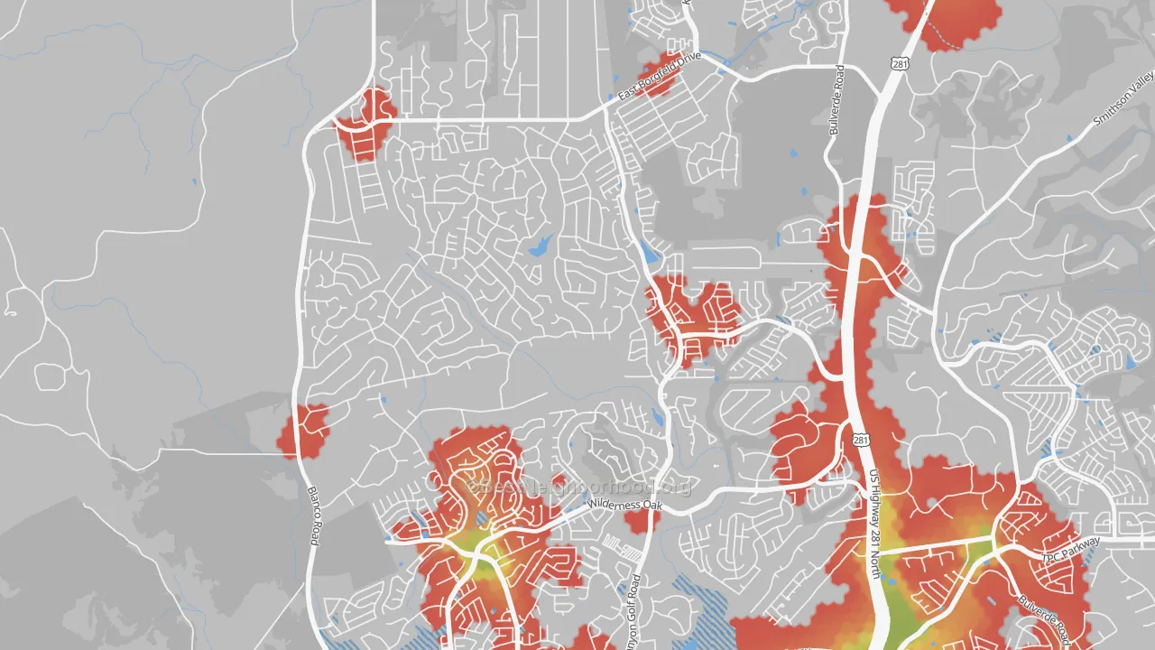 Walk Grade map of 78260, TX, walkable areas in green and car-dependent areas in red