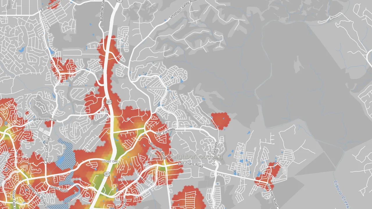 Walk Grade map of 78261, TX, walkable areas in green and car-dependent areas in red