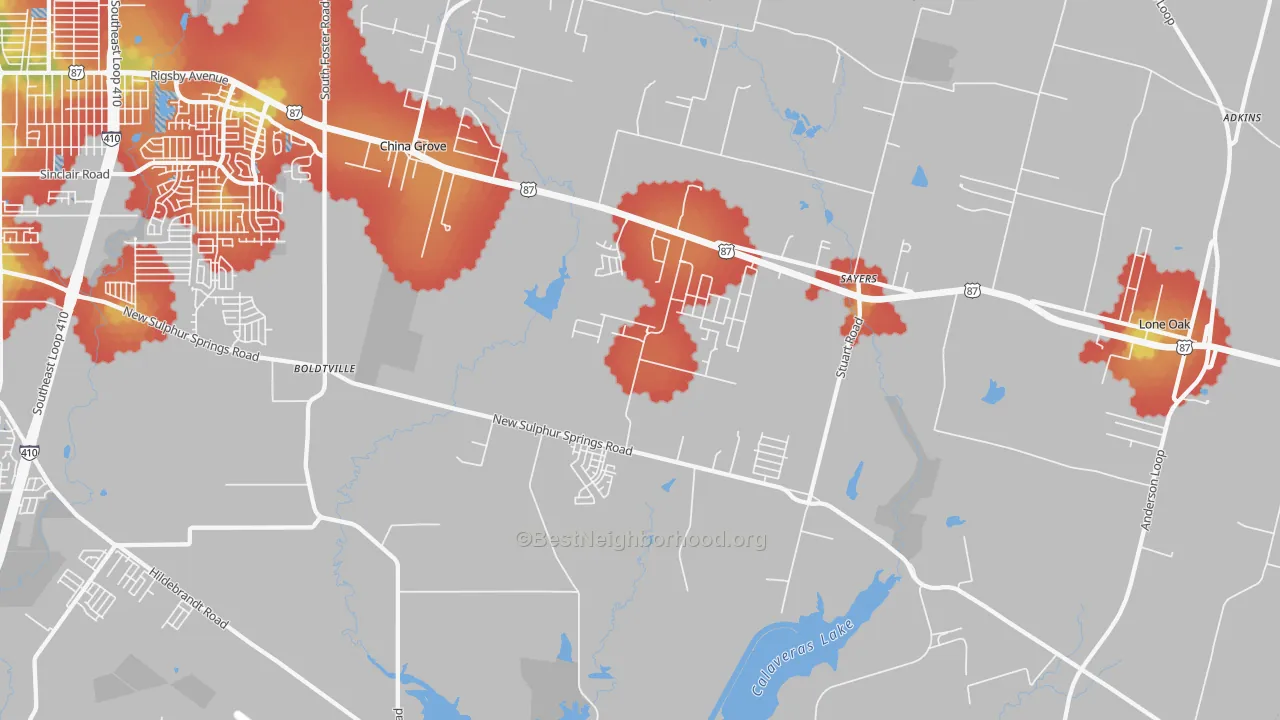 Walk Grade map of 78263, TX, walkable areas in green and car-dependent areas in red