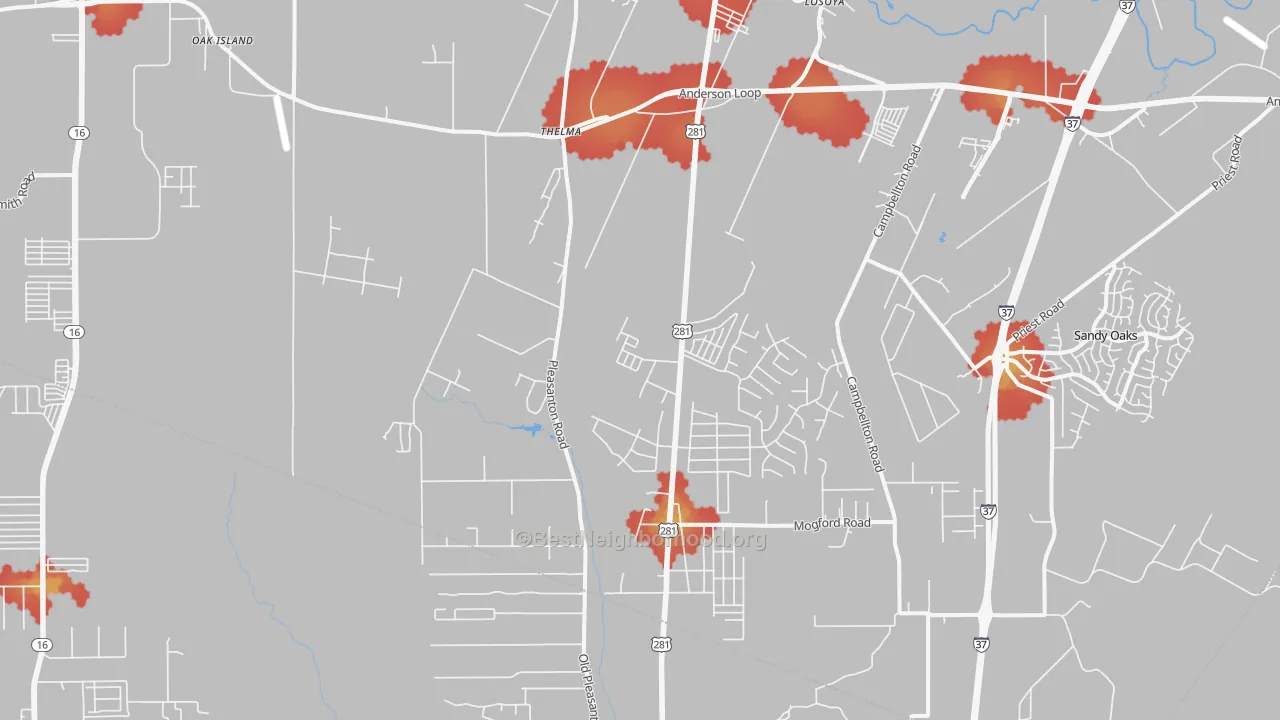 Walk Grade map of 78264, TX, walkable areas in green and car-dependent areas in red