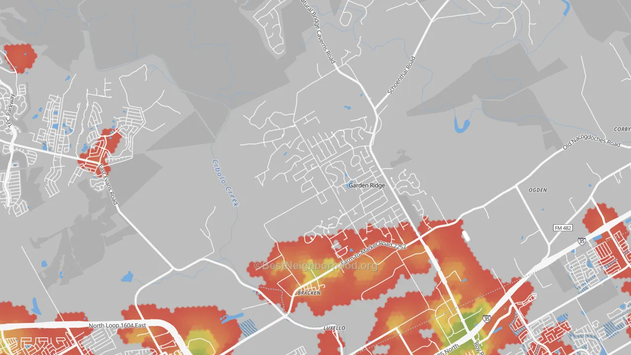 Walk Grade map of 78266, TX, walkable areas in green and car-dependent areas in red