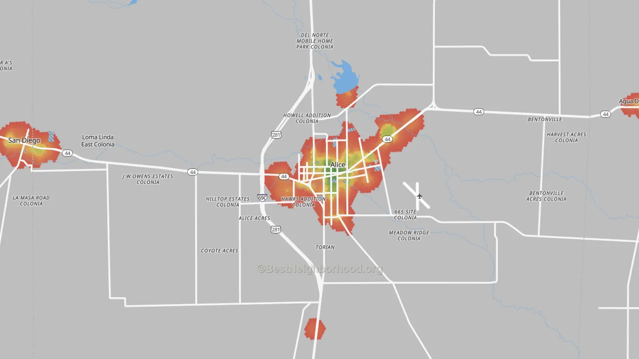 Walk Grade map of 78332, TX, walkable areas in green and car-dependent areas in red