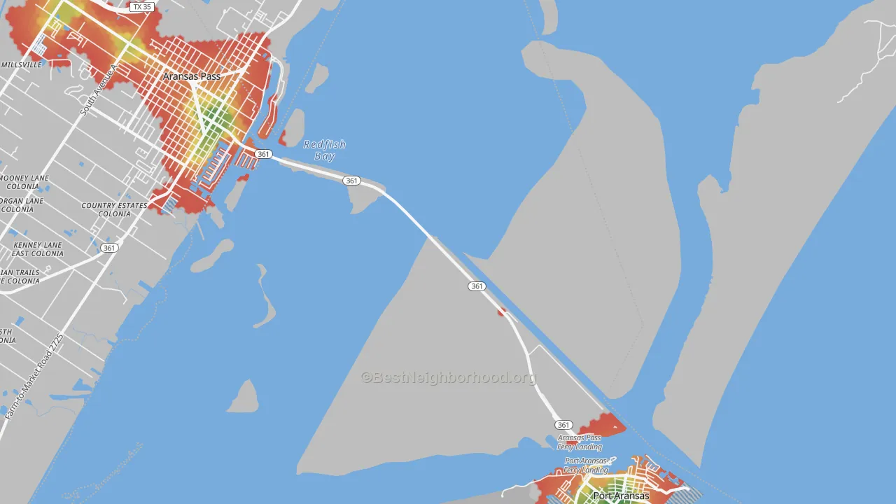 Walk Grade map of 78335, TX, walkable areas in green and car-dependent areas in red