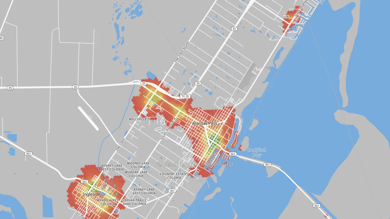 Walk Grade map of 78336, TX, walkable areas in green and car-dependent areas in red