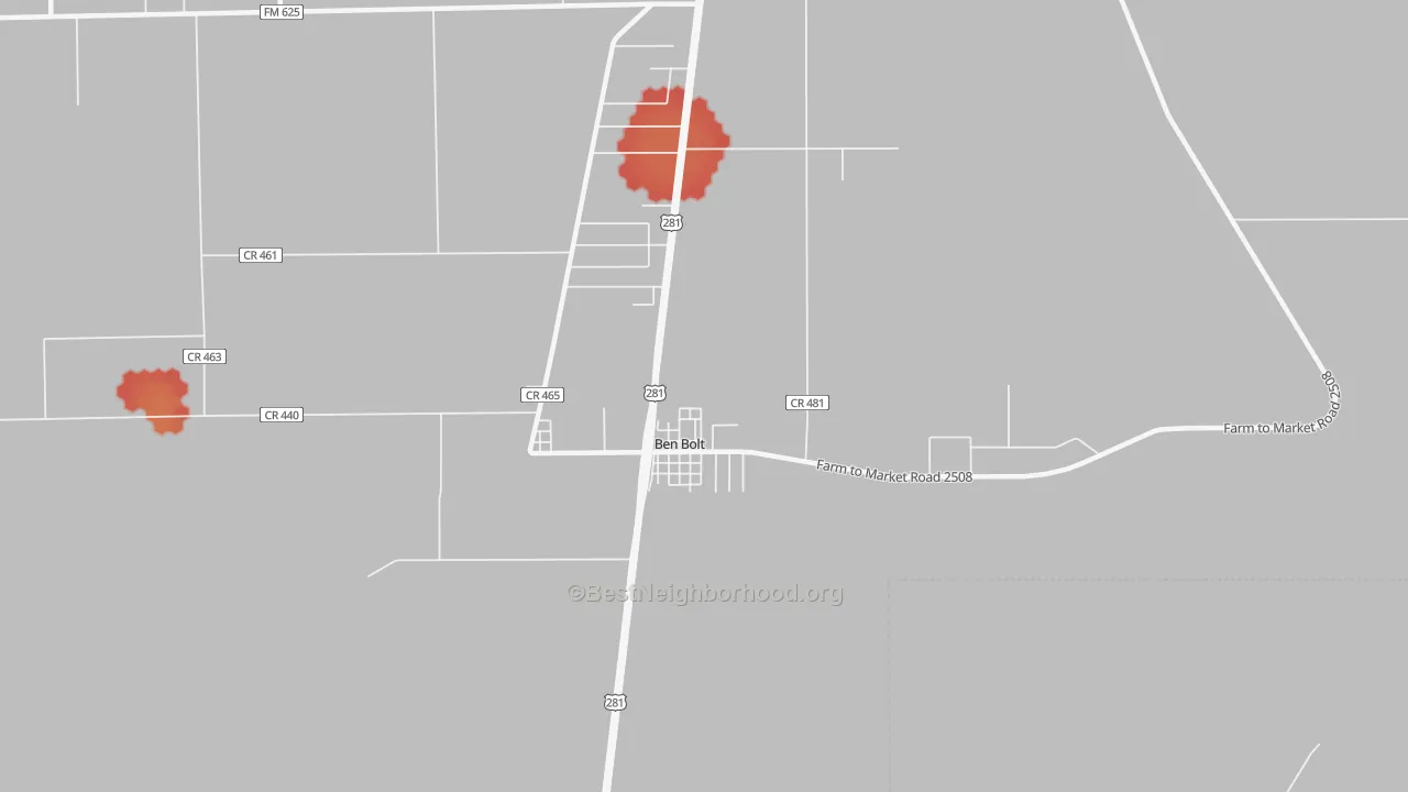 Walk Grade map of 78342, TX, walkable areas in green and car-dependent areas in red