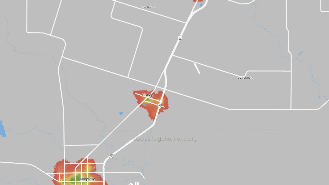 Walk Grade map of 78343, TX, walkable areas in green and car-dependent areas in red