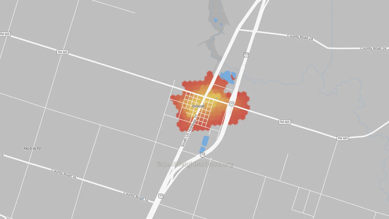 Walk Grade map of 78351, TX, walkable areas in green and car-dependent areas in red
